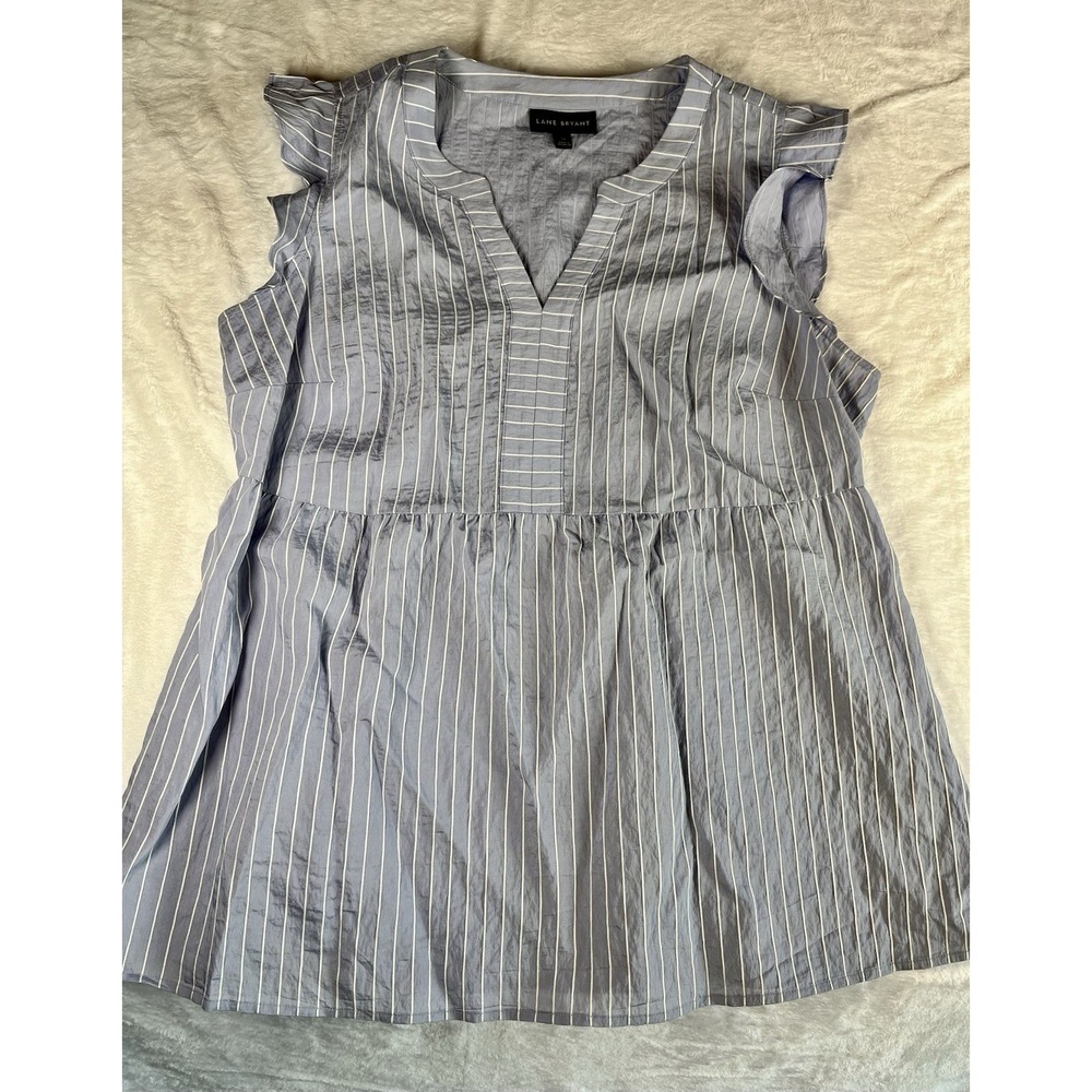 Lane Bryant Baby Doll Top 14 Blue Stripe Sleeveless Ruffles Coastal Cottage